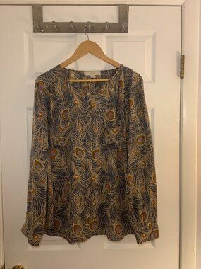 Ann Taylor Loft Peacock Feather Print Long Sleeve Chiffon Button Down Blouse -XL